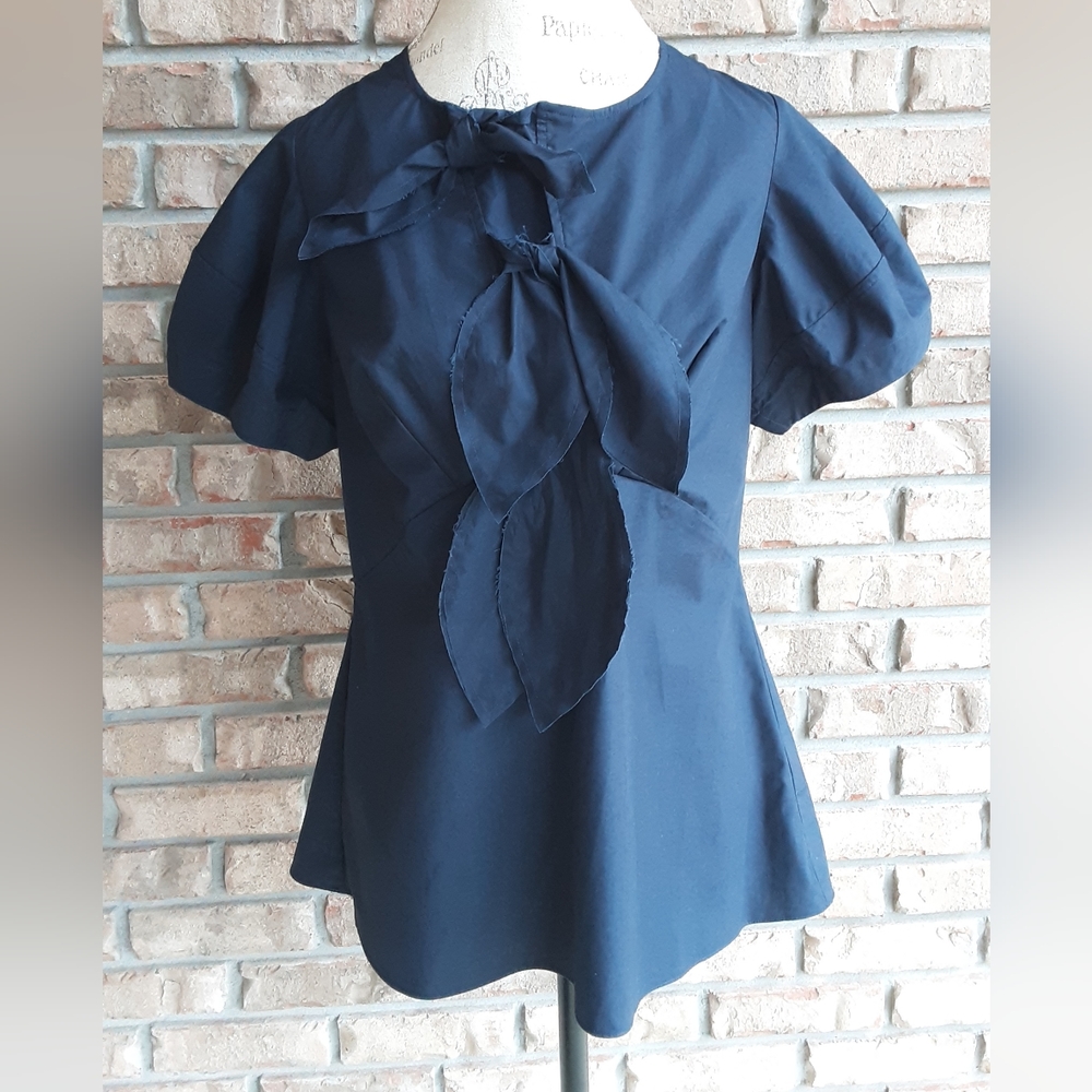 Women's Navy Bow-Detail Short Sleeve Blouse